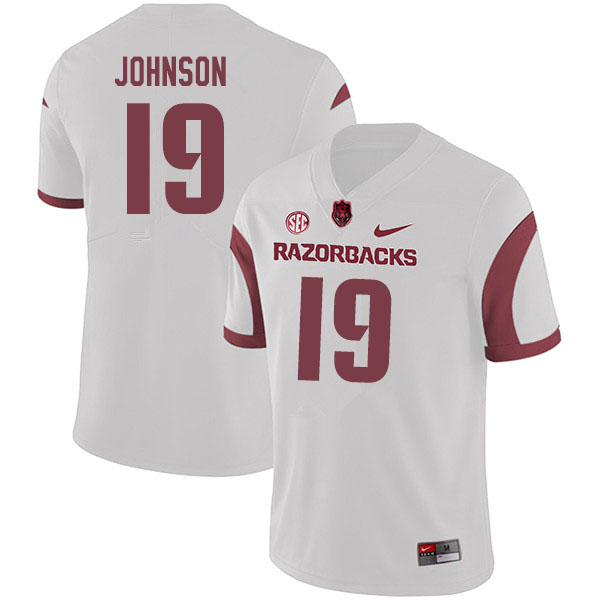 Men #19 Khari Johnson Arkansas Razorbacks College Football Jerseys Sale-White - Click Image to Close